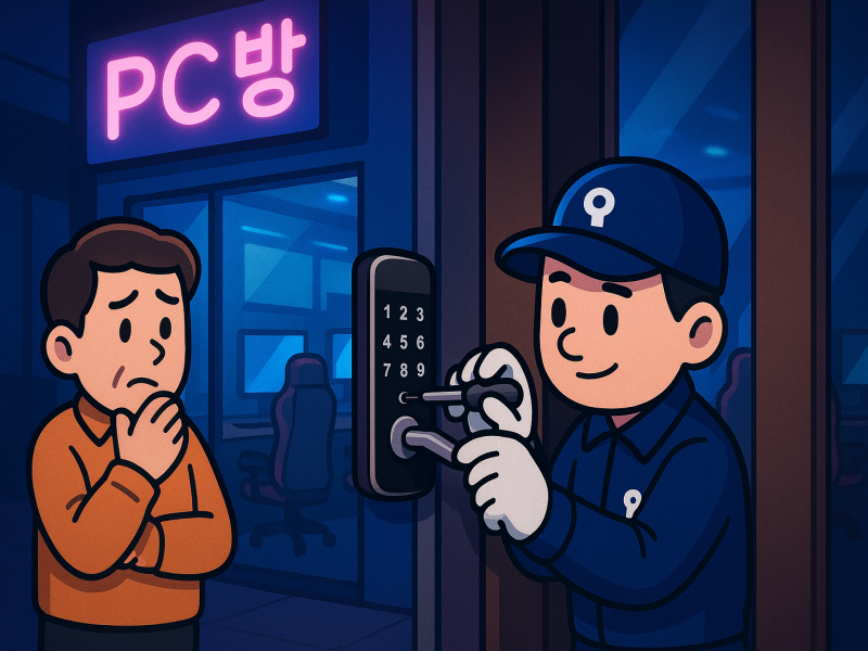 성북구 동선동 카페 문 안열림, 도어락 배터리 방전 현장, 열쇠앤도어락 캐릭터 수리 이미지